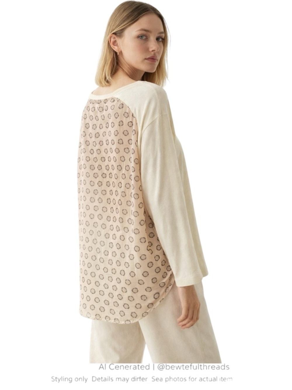 Scandi Minimalist Cream Sheer Back Top Oversized Long Sleeve Tee M/L